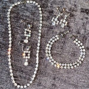 VINTAGE RHINESTONE ROUNDS NECKLACE DOUBLE ROW BRACELET & TWO CHANDELIER EARRINGS